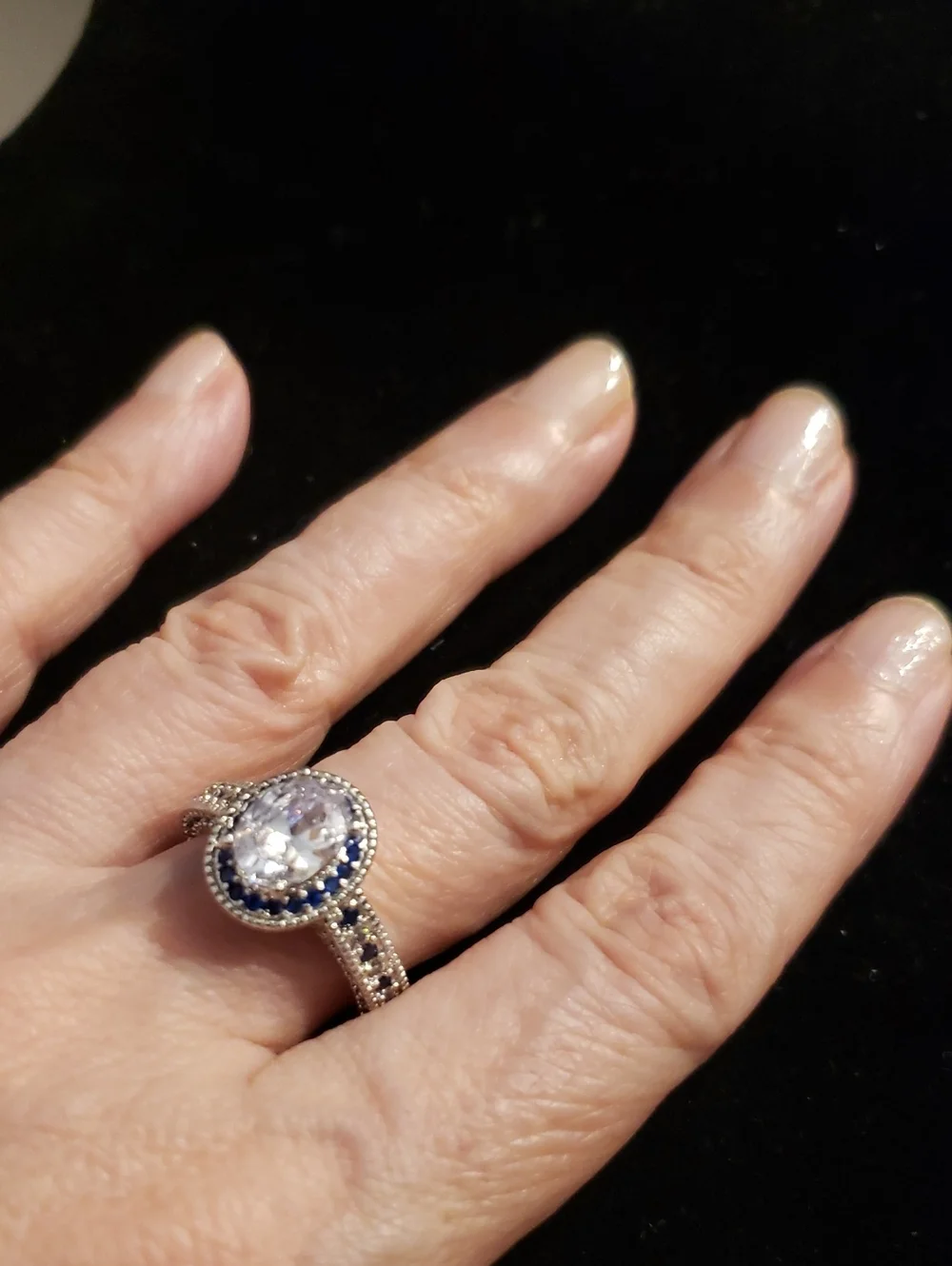 NEW Sapphire Statement Ring (Created), S925 Stamped, Sz 8.5, White & Blue Stones